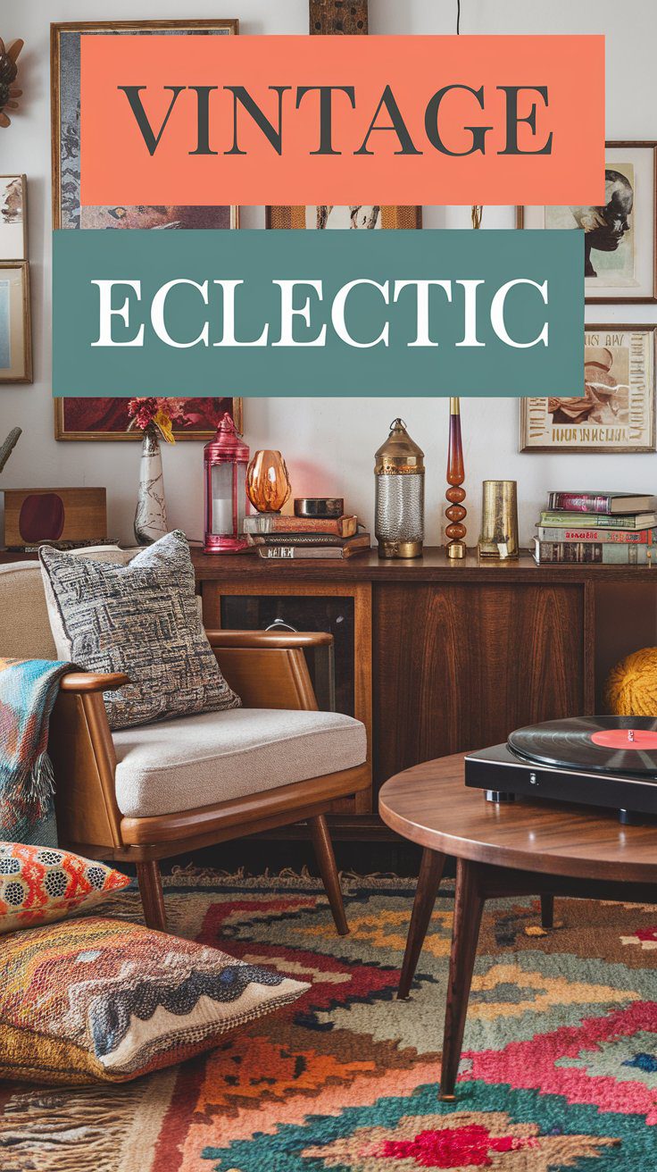 A cozy living room with unique style featuring a mid-century modern chair, wooden coffee table with record player, and multicolored patterned rug. The walls display vintage eclectic decor, including art and books. Text overlay reads VINTAGE ECLECTIC.