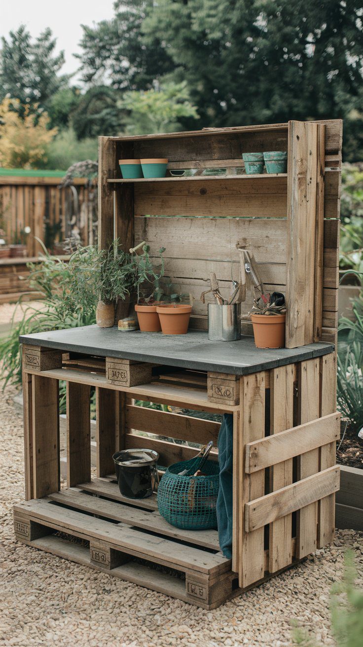 A low-cost DIY potting station built from pallets for an organized garden.