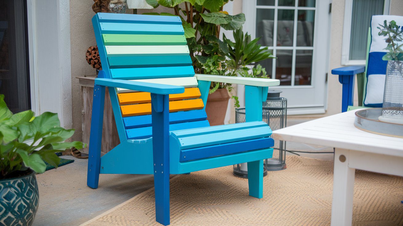 Revamped outdoor furniture with fresh paint and new cushions.