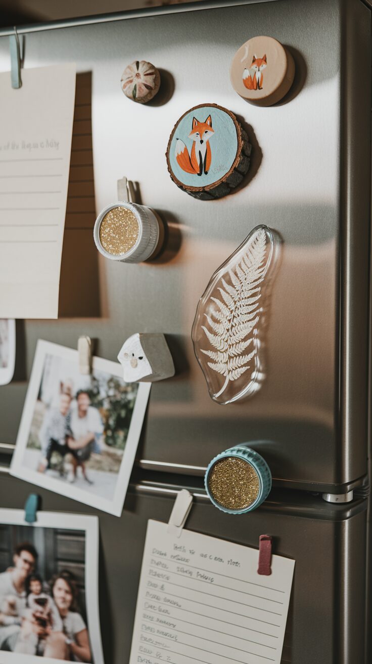 A refrigerator door adorned with circular magnets featuring fox illustrations, a leaf-shaped magnet, and gold glitter magnets.
