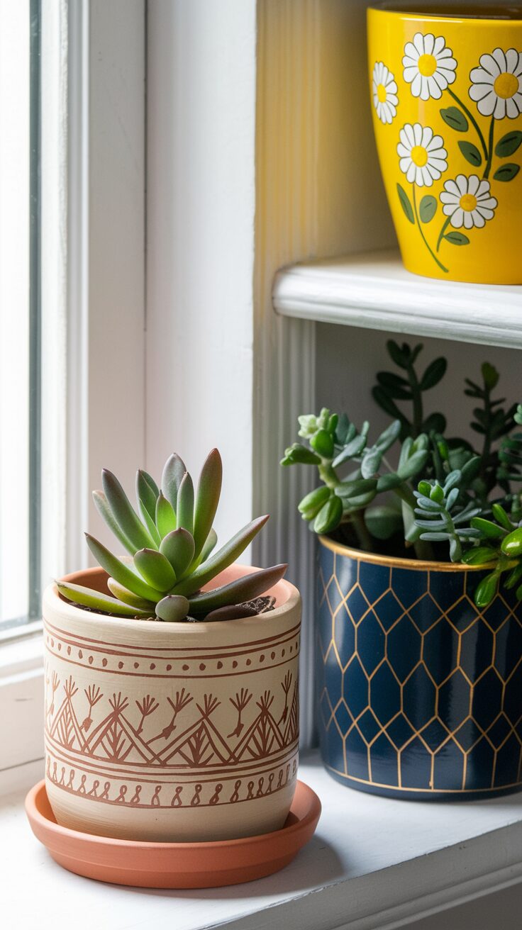 A windowsill with three potted plants: a succulent in a patterned terracotta pot, a green plant in a geometric blue pot, and another in a yellow pot adorned with white daisy designs.