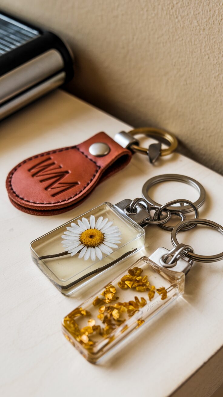 Two keychains rest on a wooden surface: one with a clear case holding a white daisy and the other embedded with gold flakes.