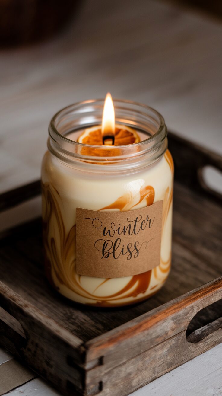 A lit candle in a glass jar labeled Winter Bliss sits on a wooden tray.