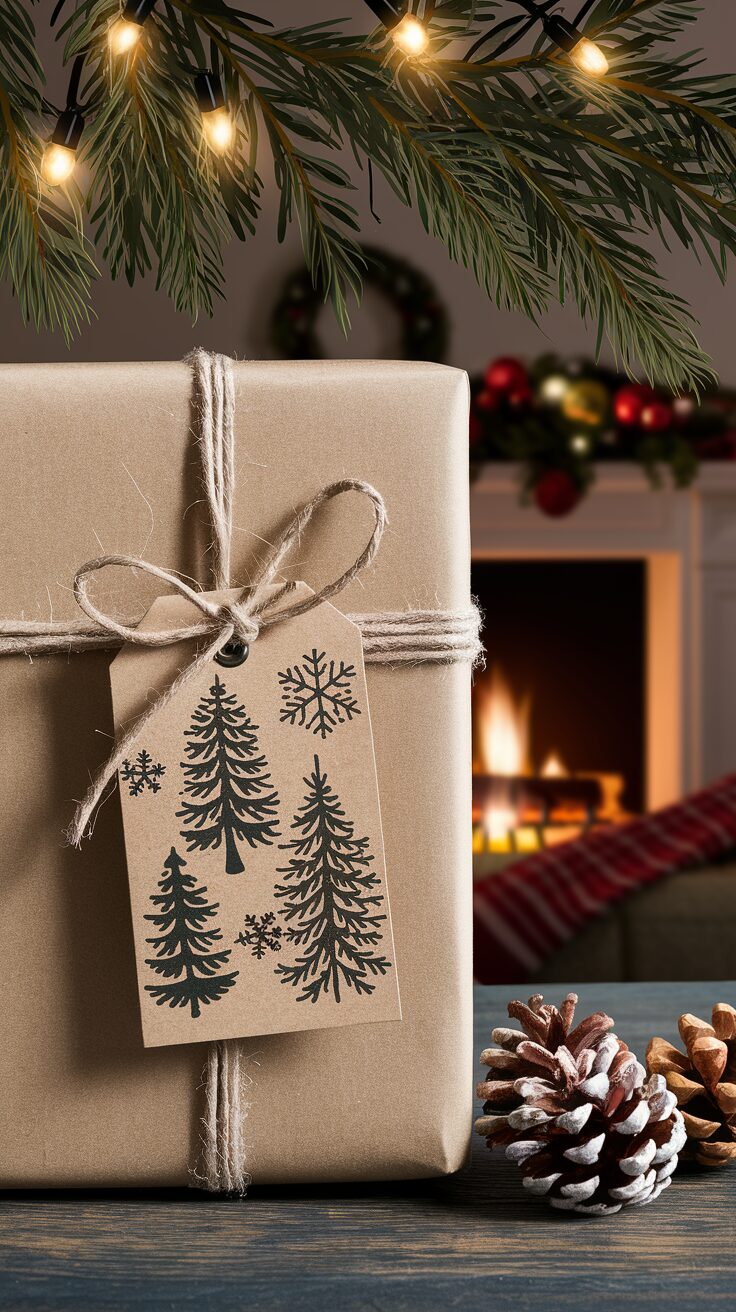 A wrapped gift with a tag featuring pine trees and snowflakes sits on a table, embodying the joy of holiday crafts.