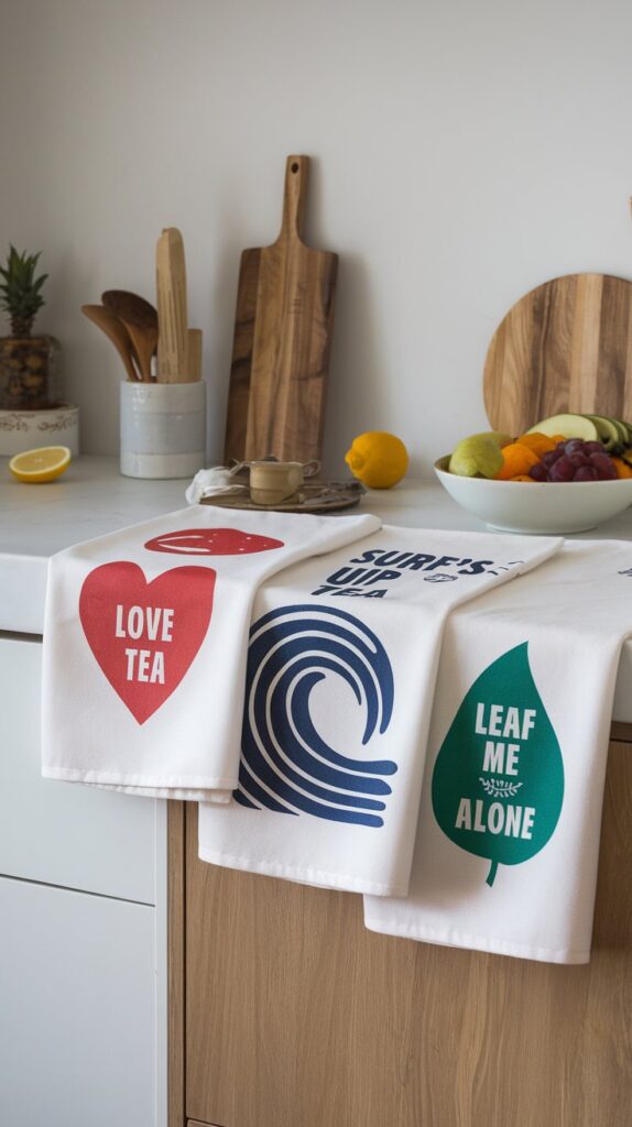 Handmade linen tea towels with neatly hemmed edges and embroidered decorative trim, tied with ribbon for gifting.