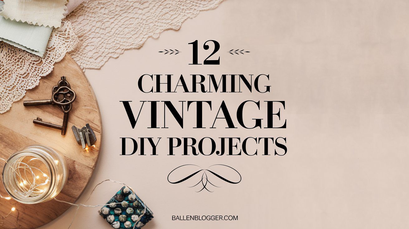 Create a visually appealing Pinterest-style image with a soft pastel background featuring a minimal workspace setup. Display vintage crafting items like lace doilies, fabric swatches, antique keys, and a mason jar filled with fairy lights. Overlay bold, elegant text at the center with the blog post title "12 Charming Vintage DIY Projects" and a footer that reads "ballenblogger.com".