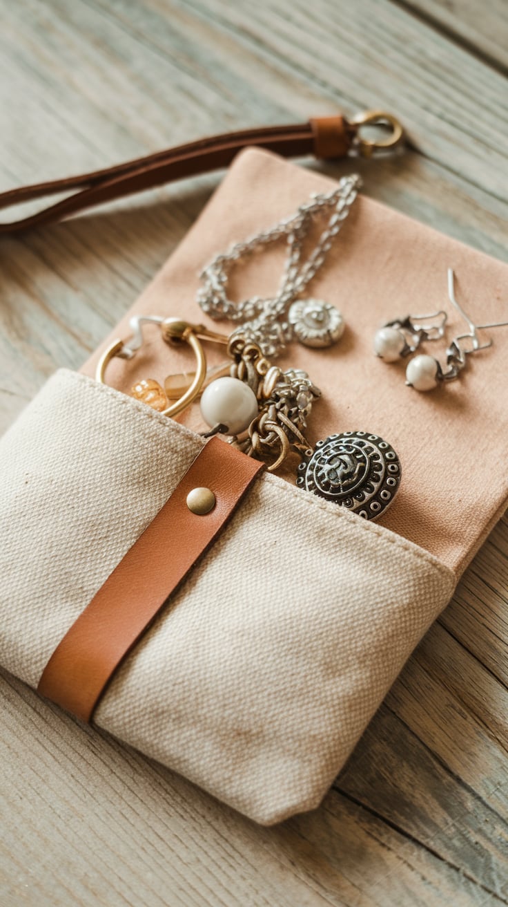 A handmade travel jewelry organizer with fabric pockets and a zipper compartment for organizing necklaces, earrings, and rings on the go.
