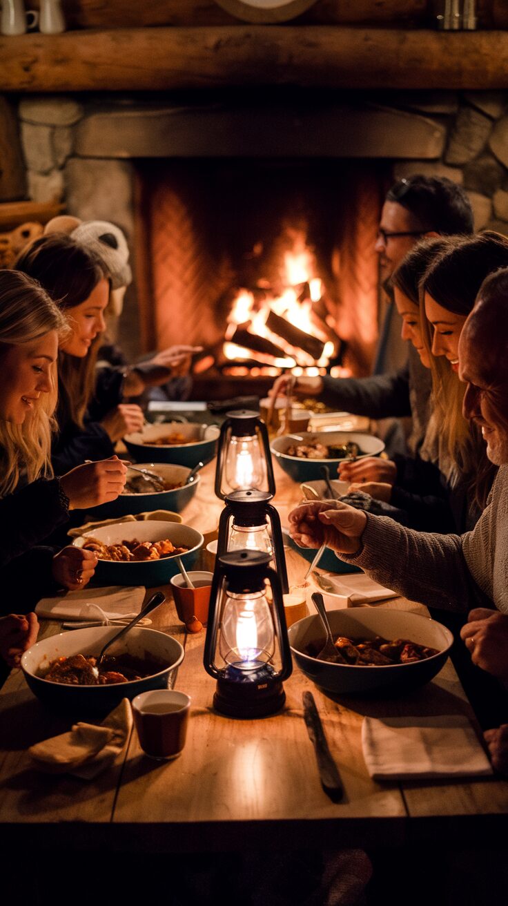 A table glowing with lantern light, steaming bowls of hearty food, and the fire crackling as everyone digs in together during your cozy cabin weekend.