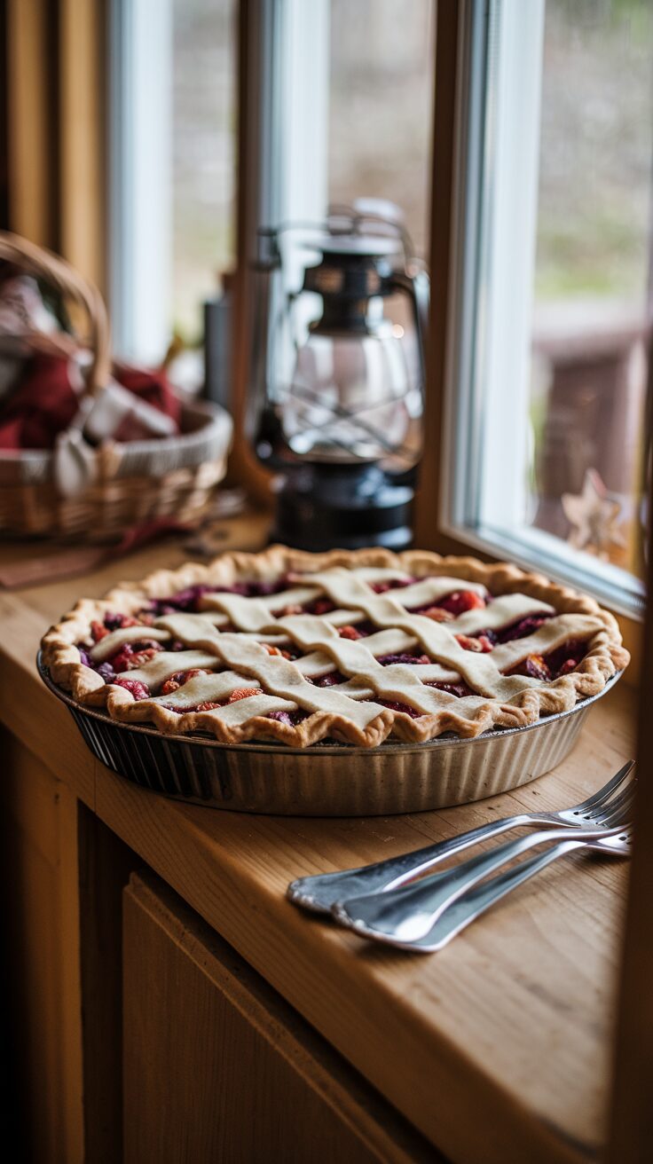 A golden-brown pie cooling on a windowsill, the smell of cinnamon filling the air, and forks ready for that first delicious bite during your sweet cabin weekend.