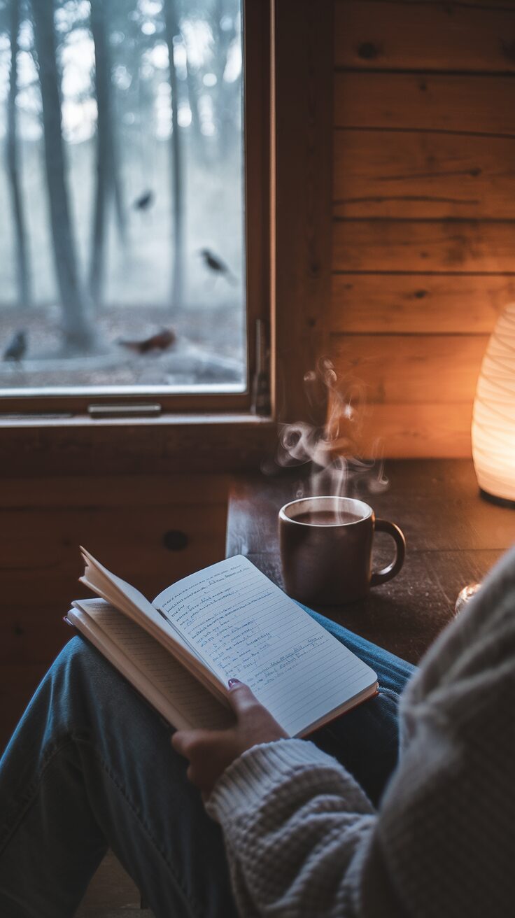 A handwritten journal open on a lap, the soft sound of birds outside, and a steaming mug of cocoa on the table beside you during your reflective cabin weekend.