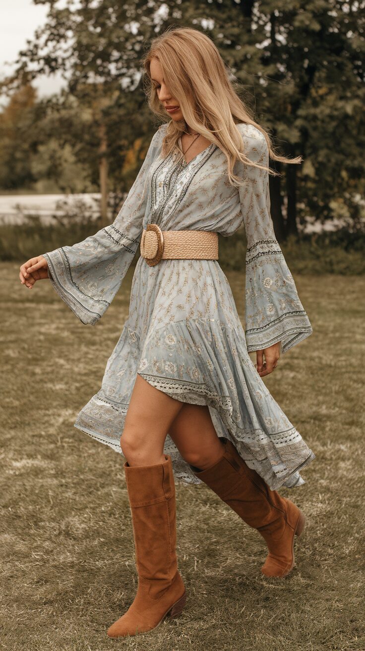 Your boho dress flows gently as you walk, the bell sleeves swishing with each movement. Knee-high boots anchor the look, while a wide belt pulls it all together. This trendy boho outfit is perfect for everything from brunch to a night out.