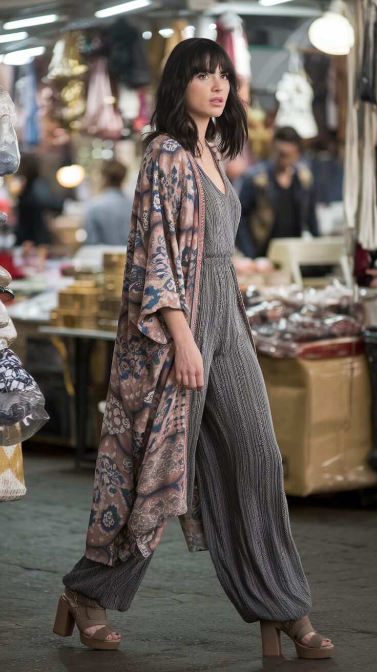 A boho-style jumpsuit paired with a flowy kimono is a match made in fashion heaven. Finish the look with block heels or flat mules.