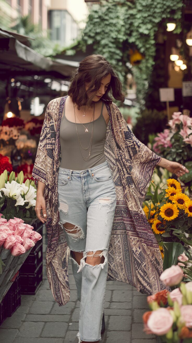 A long, patterned kimono adds a dramatic flair to distressed jeans and a simple tank top. Finish with ankle boots or gladiator sandals for an outfit that’s as comfortable as it is chic.