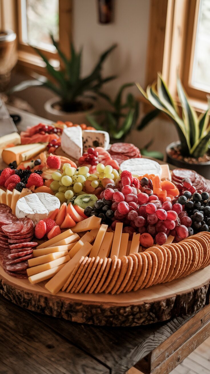 A wooden charcuterie board overflowing with colorful fruits, artisanal cheeses, and neatly arranged crackers, set against the backdrop of a cozy cabin weekend.