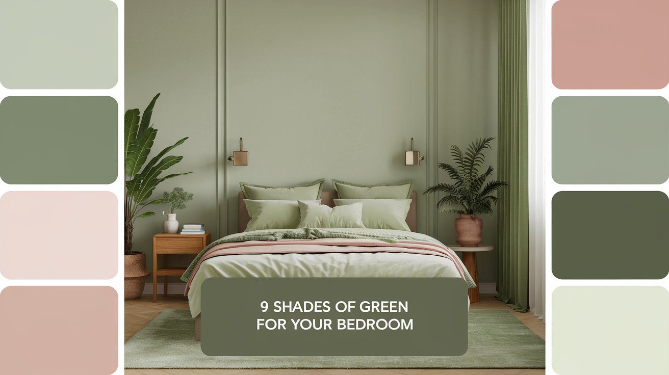 Design a Pinterest-style image with soft feminine colors like sage green, blush pink, and cream. The background should subtly showcase a serene bedroom featuring green-themed decor, including a neatly made bed with green throw pillows, a wooden nightstand, and potted plants. Use a bold, elegant text overlay with the title "9 Shades of Green for Your Bedroom" placed at the center. Keep the text minimal and stylish. Add a footer that reads "ballenblogger.com" in a delicate, smaller font. The overall design should feel airy, calming, and visually inviting, without being overly busy.