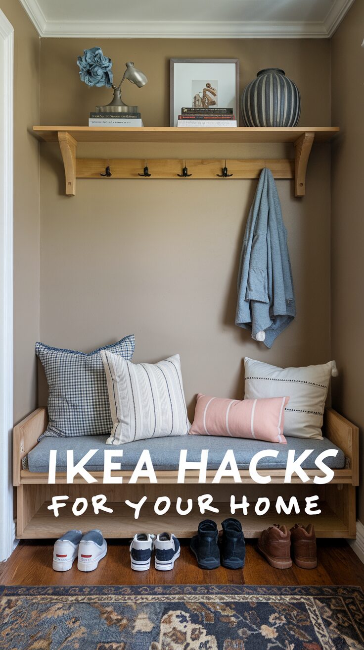 A small entryway features a wooden bench with pillows, a shelf with hooks, shoes neatly aligned below, and decor items like a vase and books on the shelf.