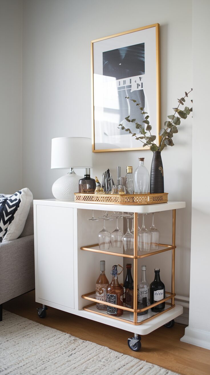 A stylish bar cart in a living room boasts bottles, glasses, and a decorative tray, showcasing a DIY home improvement idea.