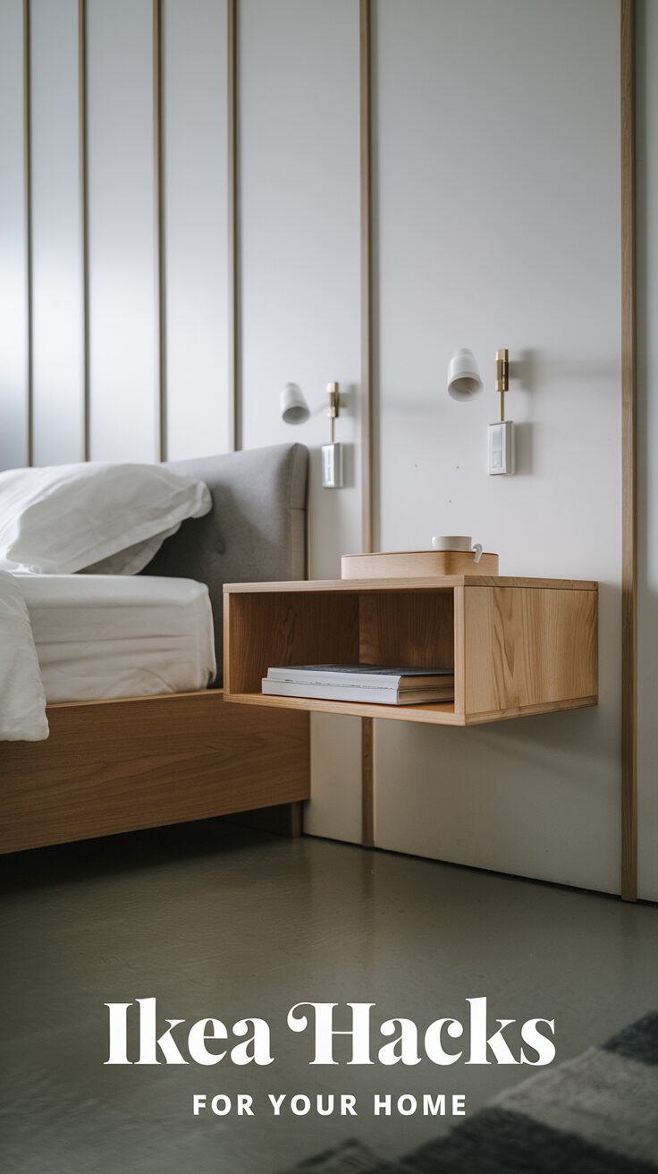 A modern bedroom features a sleek wooden floating nightstand attached to the wall, holding a small tray and mug.