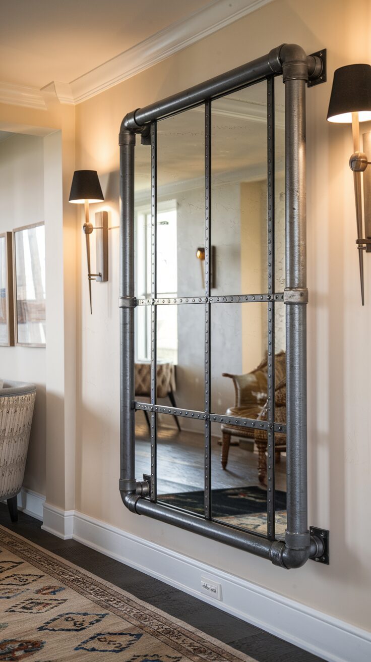 A large industrial-style mirror with a pipe frame is mounted on a wall between two black sconces, reflecting a room with a chair and windows.
