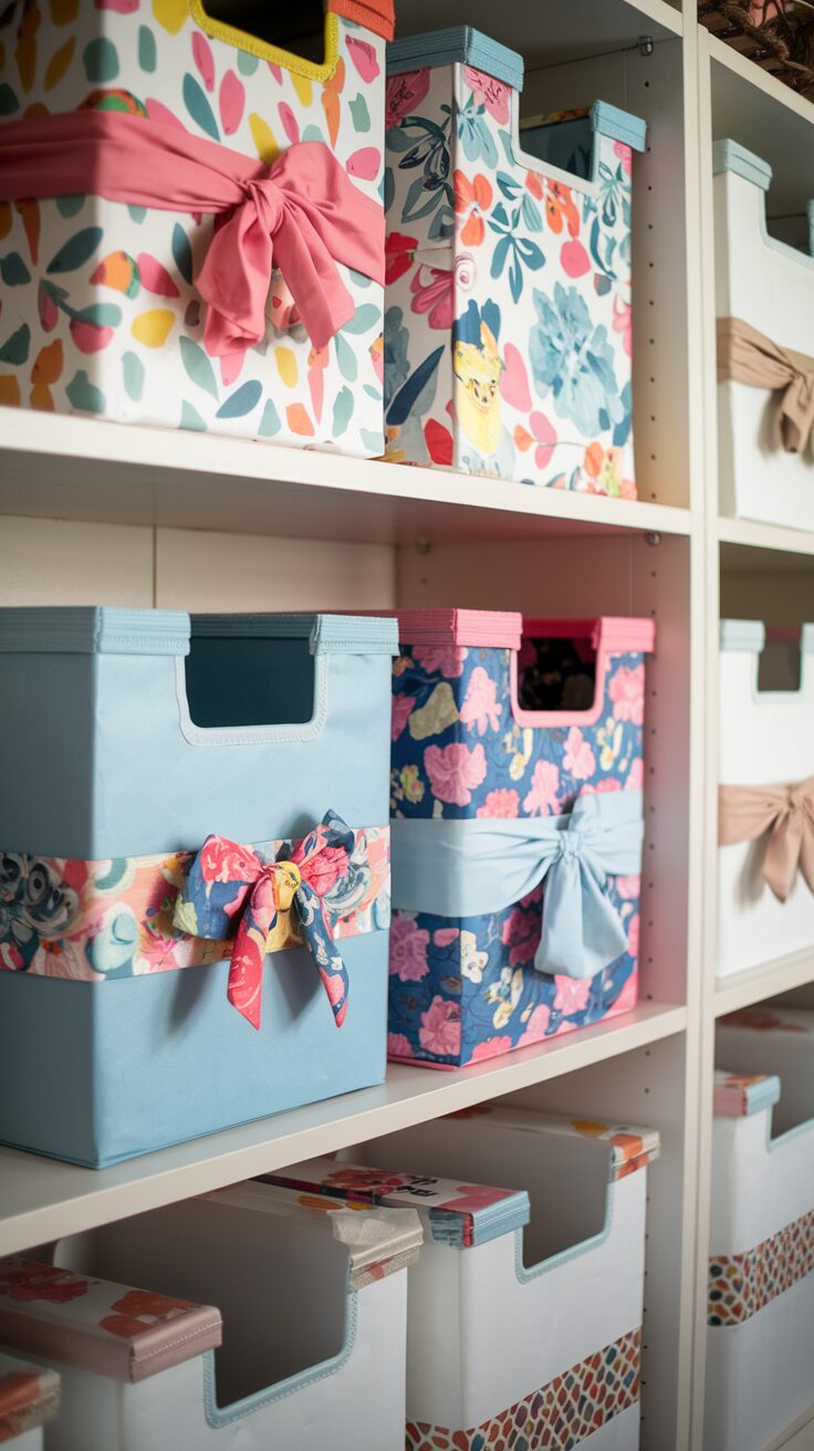 Shelves filled with colorful fabric storage boxes, each adorned with a decorative bow, bring an easy charm to the home.