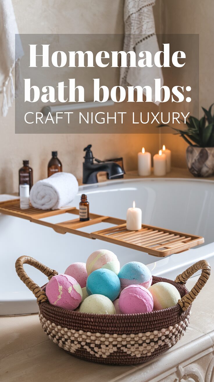 A relaxing bathroom scene with a bathtub, candles, and a wooden tray, with a basket of colorful homemade bath bombs in the foreground.