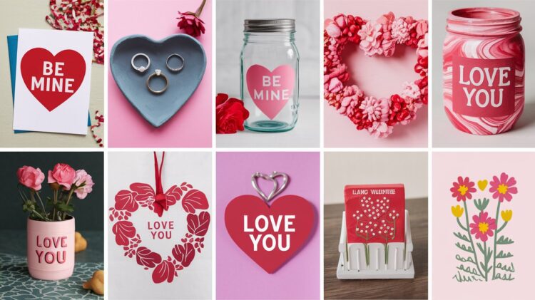 A charming Valentines Day DIY collage: cards with heart graphics, rings in a heart-shaped dish, a jar labeled Be Mine, a heart-shaped wreath, and flowers in jars. Perfect for last-minute Valentines Day ideas, it features colors of red, pink, and white.