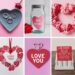 A charming Valentines Day DIY collage: cards with heart graphics, rings in a heart-shaped dish, a jar labeled Be Mine, a heart-shaped wreath, and flowers in jars. Perfect for last-minute Valentines Day ideas, it features colors of red, pink, and white.
