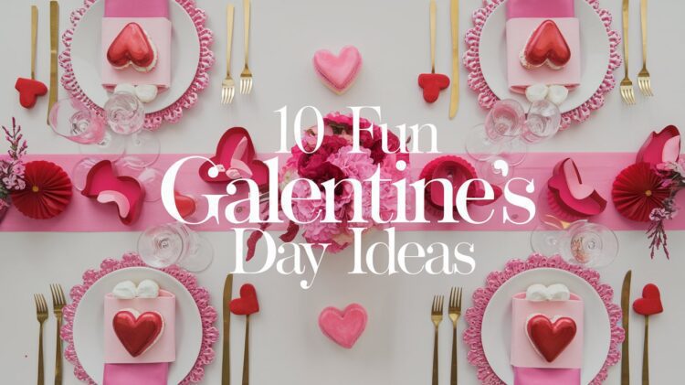 A festive table setup with white plates, pink hearts, and red accents sets the mood for Galentines Day. Pink and red decorations adorn the table alongside flowers. Text overlay reads, 10 Fabulous Galentines Day Ideas.