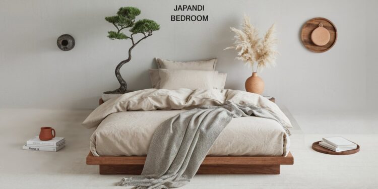 Minimalist Japandi bedroom with a low wooden bed, beige bedding, and a textured gray throw. A small tree and pampas grass decorates each side. A round wall shelf holds a wicker tray. Neutral tones create a serene atmosphere.