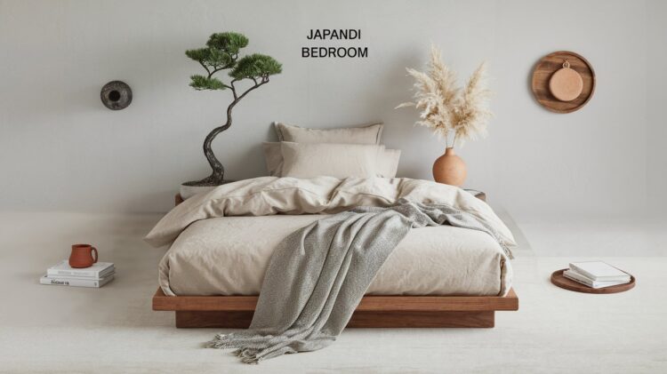 Minimalist Japandi bedroom with a low wooden bed, beige bedding, and a textured gray throw. A small tree and pampas grass decorates each side. A round wall shelf holds a wicker tray. Neutral tones create a serene atmosphere.