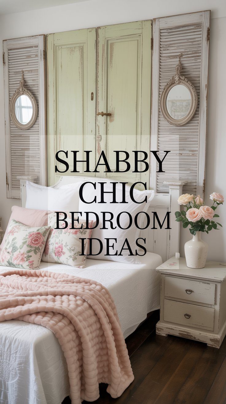 Discover shabby chic bedroom inspiration with soft pink accents, floral touches, antique decor, and creative vintage details like mirrored shutter headboards for a cozy, romantic retreat.