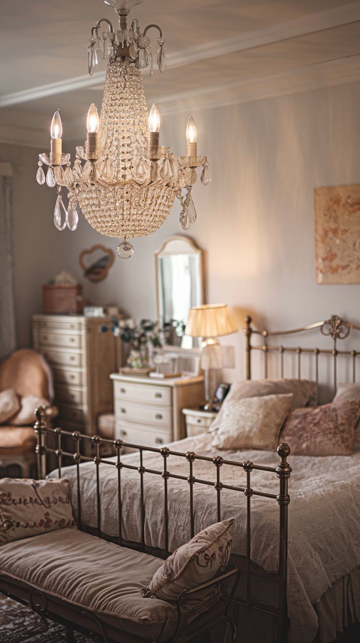 A cozy vintage bedroom exudes shabby chic charm with an ornate chandelier, a metal-framed bed adorned with decorative pillows, and a cushioned bench. A dresser with a mirror, a lamp, and a peach armchair round off the classic decor, making it perfect for inspiring new bedroom ideas.