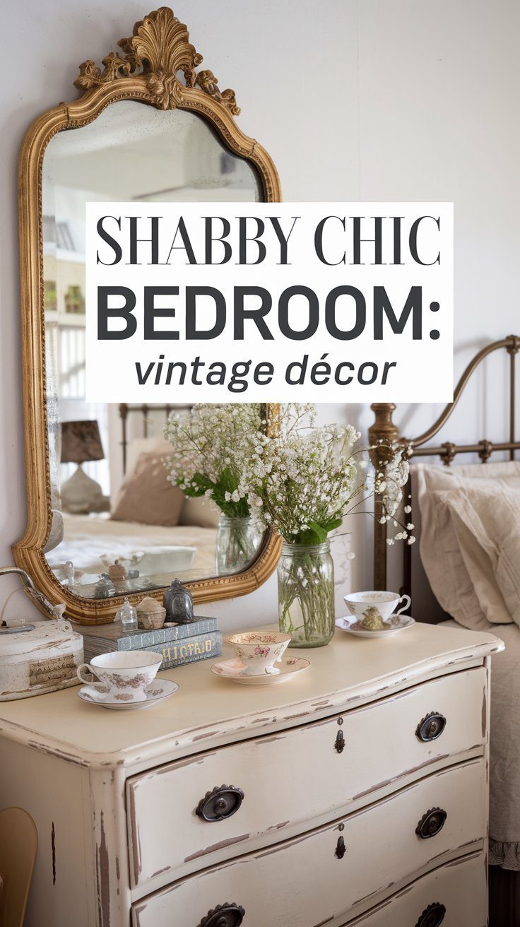 A Shabby Chic Bedroom exudes charm with a vintage-style setting, featuring a large ornate mirror above a distressed white dresser adorned with small vases of white flowers and decorative items. The room showcases inspiring bedroom ideas with a metal bedframe and pastel bedspread for that perfect touch.