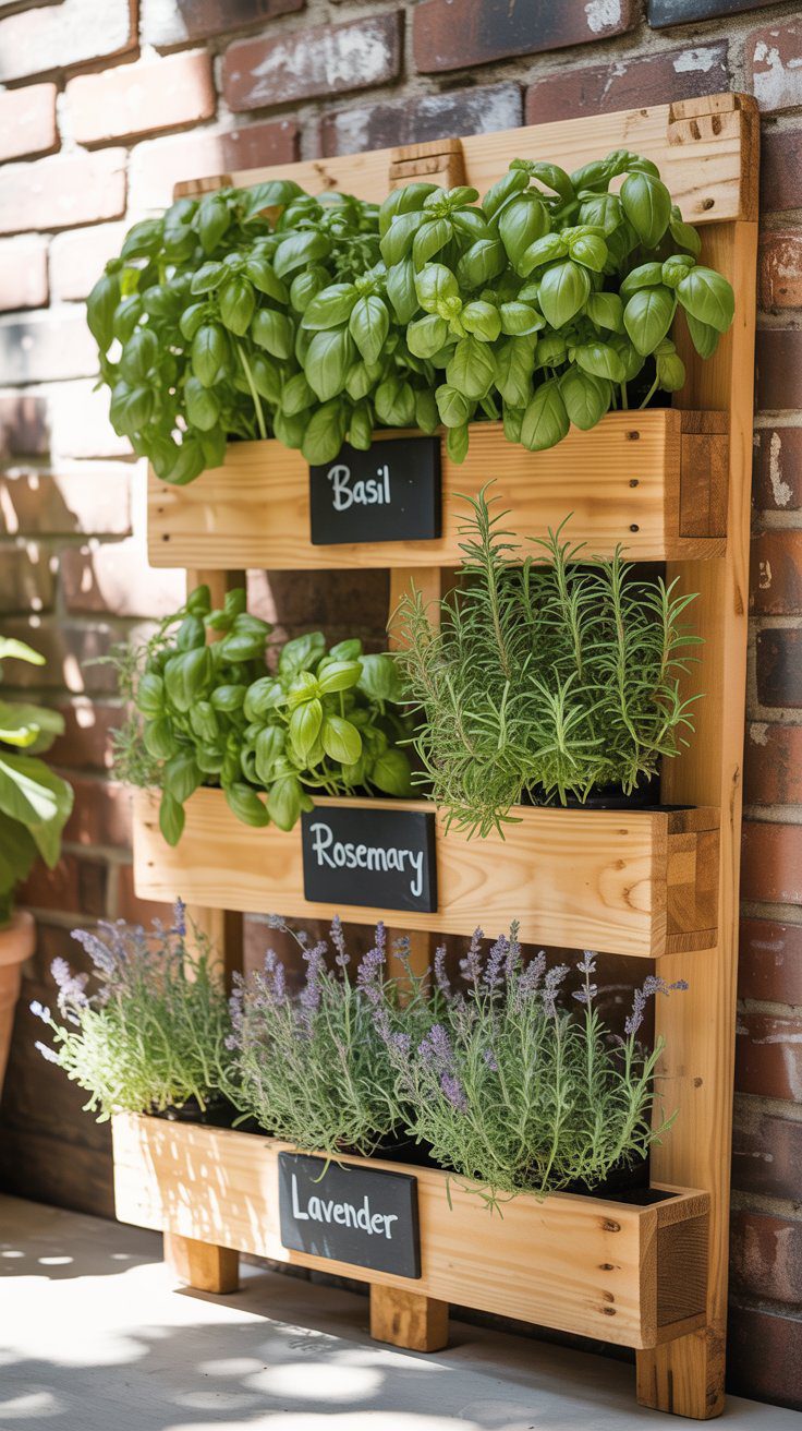 A lush, vertical wooden herb garden featuring vibrant basil, rosemary, and lavender stands against a sunlit brick wall.