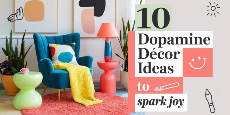 A colorful room features a teal armchair with a yellow throw, a turquoise table, and a pink side table with a red lamp. Wall art, plants, and bold patterns surround the text: 10 Dopamine Décor Ideas to Spark Joy with playful graphics.