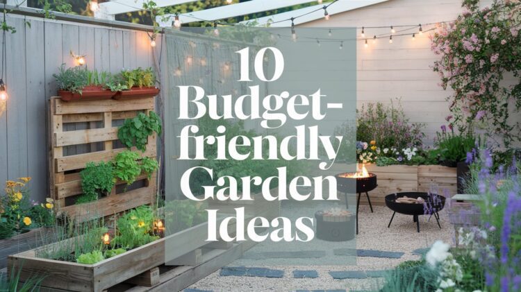 A cozy garden patio with string lights, a fire pit, wooden planters filled with various plants, and decorative gravel creates the perfect setting for a stunning backyard transformation. Text overlay reads 10 Budget-Friendly Garden Ideas.