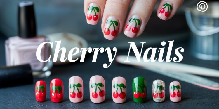Close-up of a hand flaunting a red manicure adorned with cherry designs. Below, a display showcases various artificial nails with similar cherry patterns in green and red, reminiscent of Pinterest inspirations. A nail polish bottle and brush sit in the background. Text reads Cherry Nails.