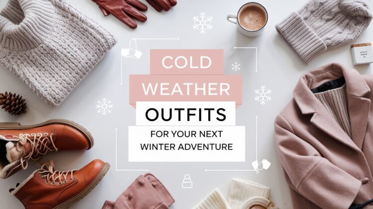 Flat lay of cold weather outfits features a cozy knit sweater, wool hat, leather gloves, hiking boots, and a coat. A steaming mug of hot chocolate and a pine cone accentuate the scene around the text: Winter Adventure.