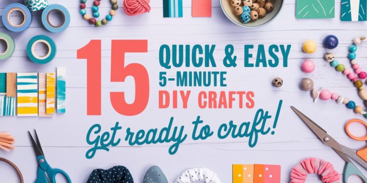 A variety of colorful craft supplies are spread across a wooden surface. Text reads, 15 Quick & Easy 5-Minute DIY Crafts. Get ready to unleash instant creativity! Scissors, ribbons, beads, and tapes are included in the arrangement.