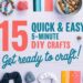 A variety of colorful craft supplies are spread across a wooden surface. Text reads, 15 Quick & Easy 5-Minute DIY Crafts. Get ready to unleash instant creativity! Scissors, ribbons, beads, and tapes are included in the arrangement.