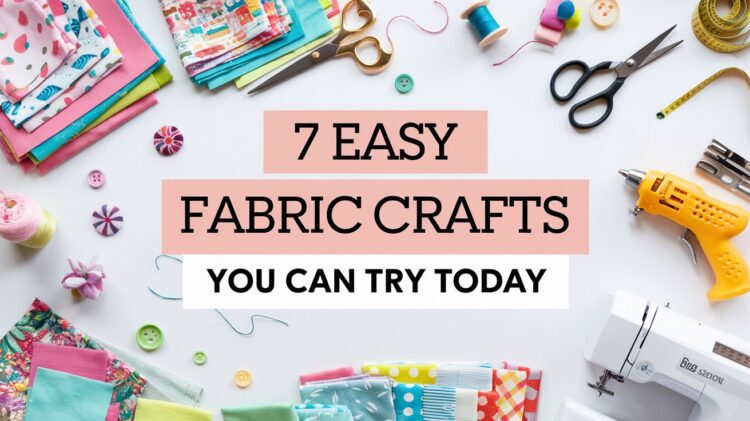 A flat lay of fabric craft supplies, featuring colorful fabric squares, thread spools, scissors, buttons, and a hot glue gun. The text in the center invites you to Try Today: 7 Easy Fabric Crafts You Can Make.