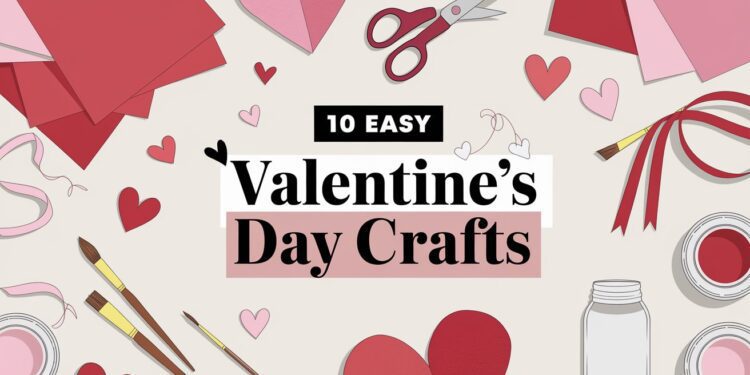 A flat lay of crafting supplies, featuring paper hearts, scissors, paintbrushes, ribbon, and a jar. The text in the center boldly reads 10 Easy Valentine’s Day Crafts. The festive color palette of red, pink, and white enhances these Valentine’s Day crafts beautifully.