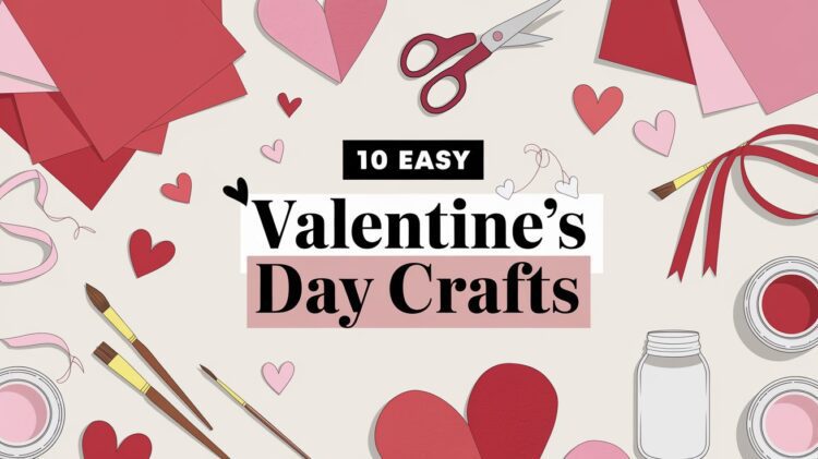 A flat lay of crafting supplies, featuring paper hearts, scissors, paintbrushes, ribbon, and a jar. The text in the center boldly reads 10 Easy Valentine’s Day Crafts. The festive color palette of red, pink, and white enhances these Valentine’s Day crafts beautifully.