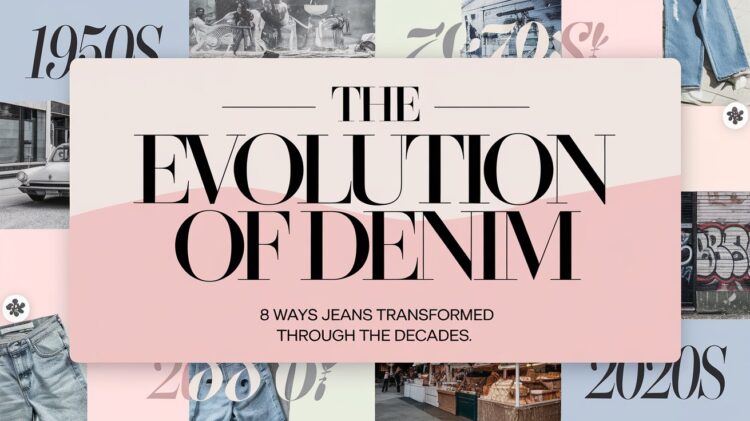 Text graphic titled The Evolution of Denim highlights 8 Ways Jeans Transformed Through the Decades. Against a backdrop showcasing each decade from the 1950s to the 2020s, images illustrate denims remarkable transformation over time.