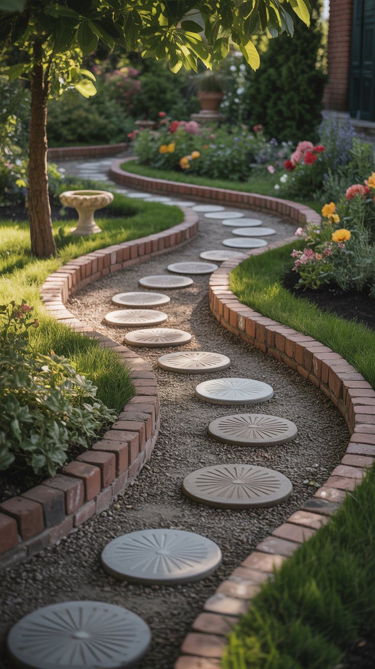 A winding garden path with stepping stones set in gravel and edged with red bricks, surrounded by lush grass and vibrant flowers.