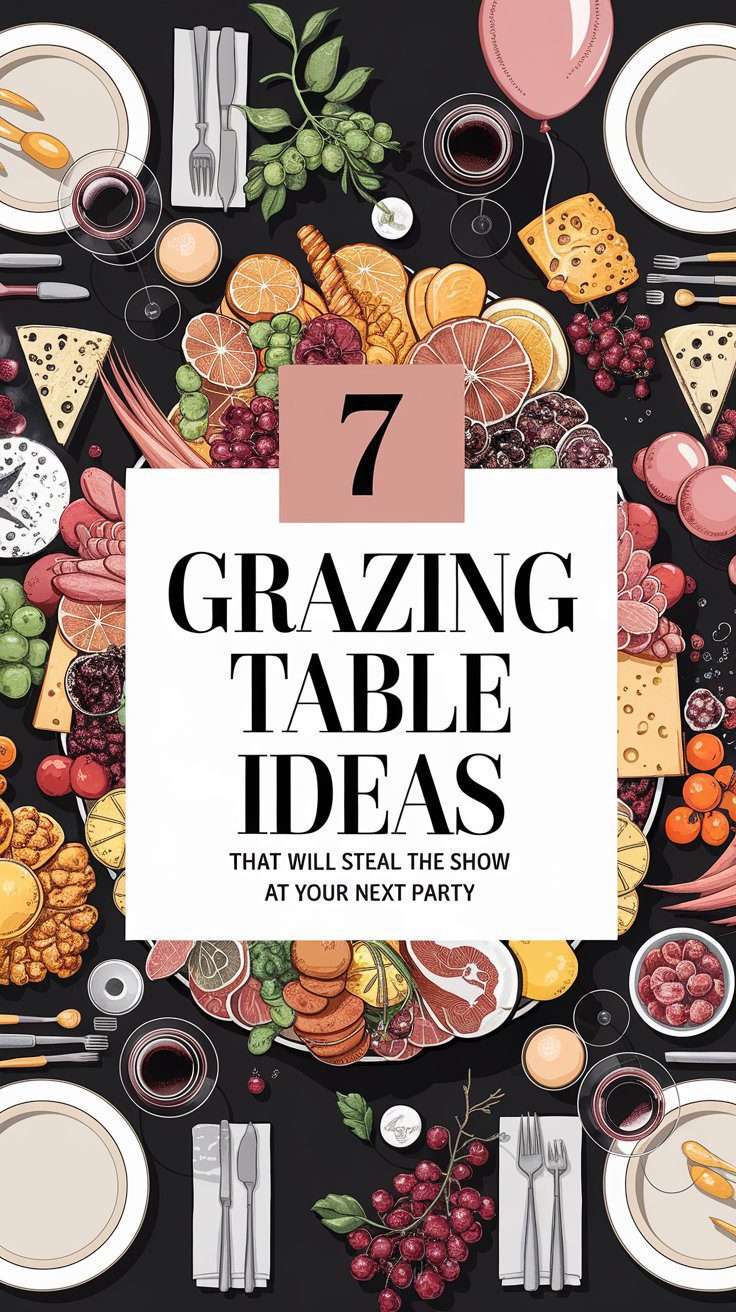 A colorful, show-stopping grazing table layout showcases assorted cheeses, fruits, and nuts, all surrounding a central text: 7 Grazing Table Ideas That Will Steal the Show at Your Next Party. Plates, cutlery, and glasses are symmetrically arranged to complement the display.