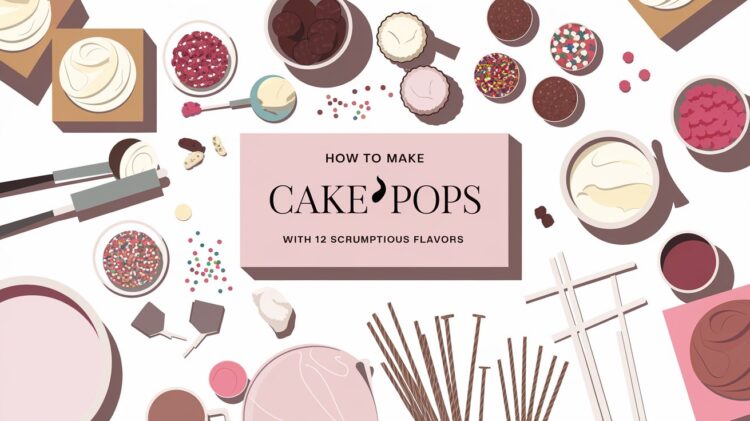 Illustration of a cake pop-making setup featuring various ingredients and tools, including bowls of frosting, sprinkles, cake balls, sticks, and a central guide titled How to Make Cake Pops with 12 Different Flavors.