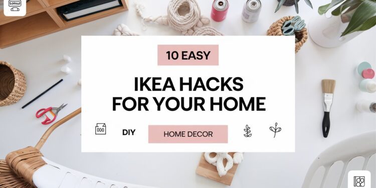 A flatlay showcasing decor items and craft materials on a table, with text: 10 Easy IKEA Hacks for Your Home. Icons and objects like a plant, paintbrush, scissors, and rope emphasize an easy DIY and home decor theme.
