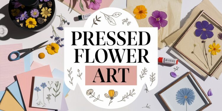 Flat lay of pressed flower art materials, perfect for creating stunning home decor. The scene features colorful flowers, paper, scissors, glue stick, and a frame. A round label in the center reads Pressed Flower Art adorned with floral decorations.