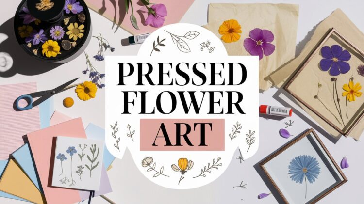 Flat lay of pressed flower art materials, perfect for creating stunning home decor. The scene features colorful flowers, paper, scissors, glue stick, and a frame. A round label in the center reads Pressed Flower Art adorned with floral decorations.